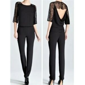 BCBGMaxazria Carley Lace Shoulder Open Back Chiffon Jumpsuit Boat Neck XS